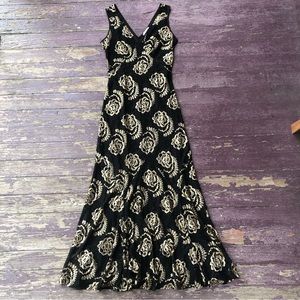 Made for Impulse Black Lace Maxi Dress Gold Metallic Roses Floral Sleeveless XS